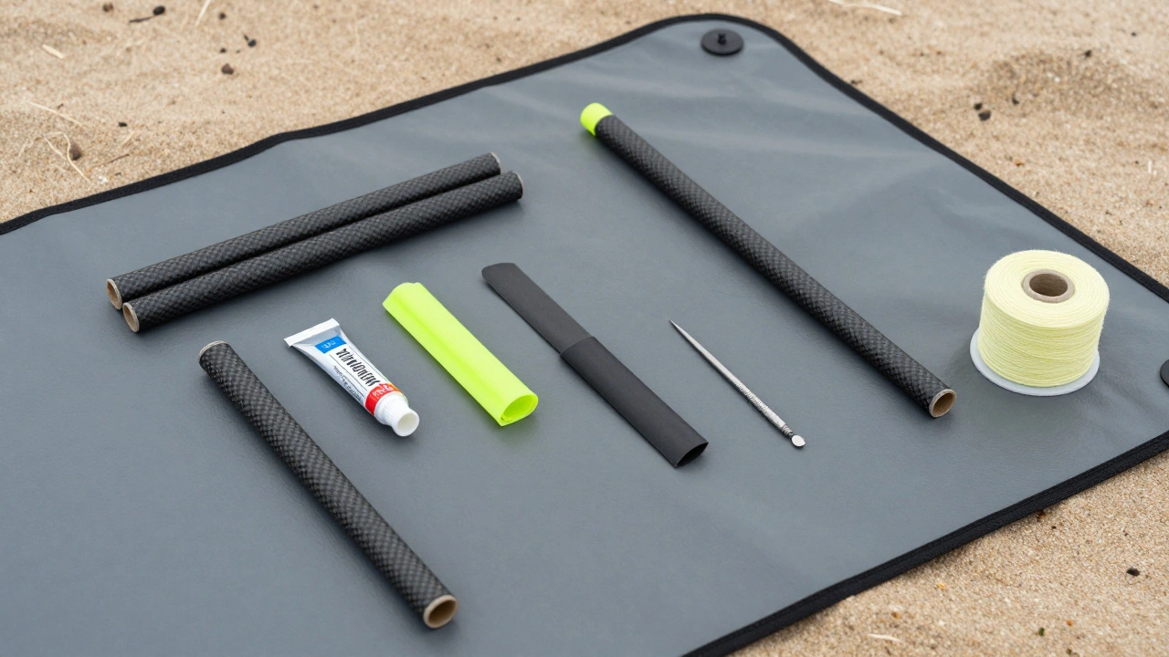 A professional kite field repair kit with carbon tubes, epoxy, and heat-shrink tubing on a mat.