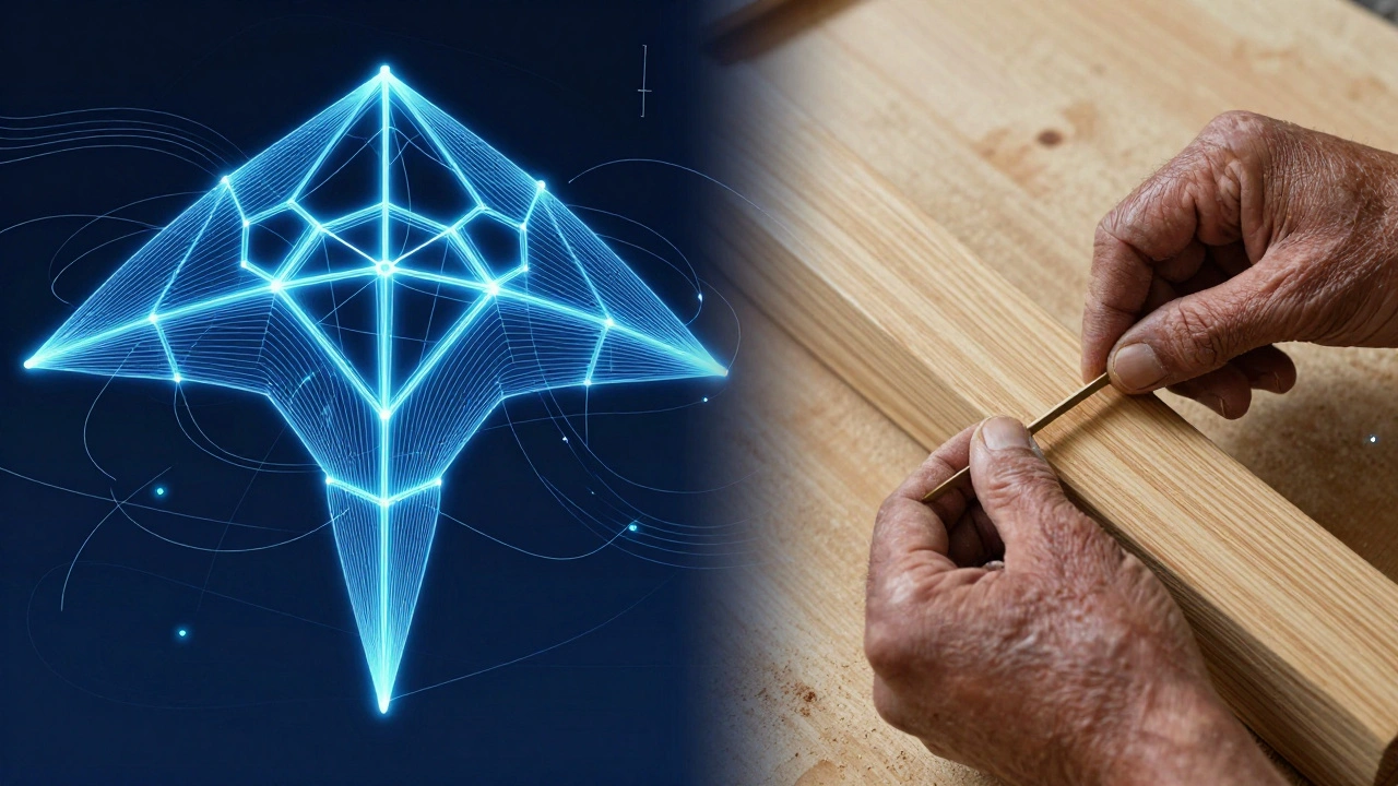 A split view of a digital CAD kite model and a person hand-crafting a physical kite.