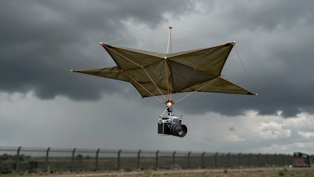 A steady box kite with a vintage camera for Cold War surveillance.