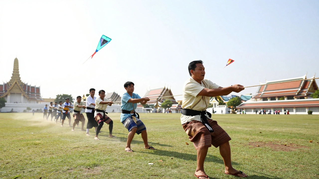 A team of kite flyers competing at Sanam Luang in Bangkok during a festival