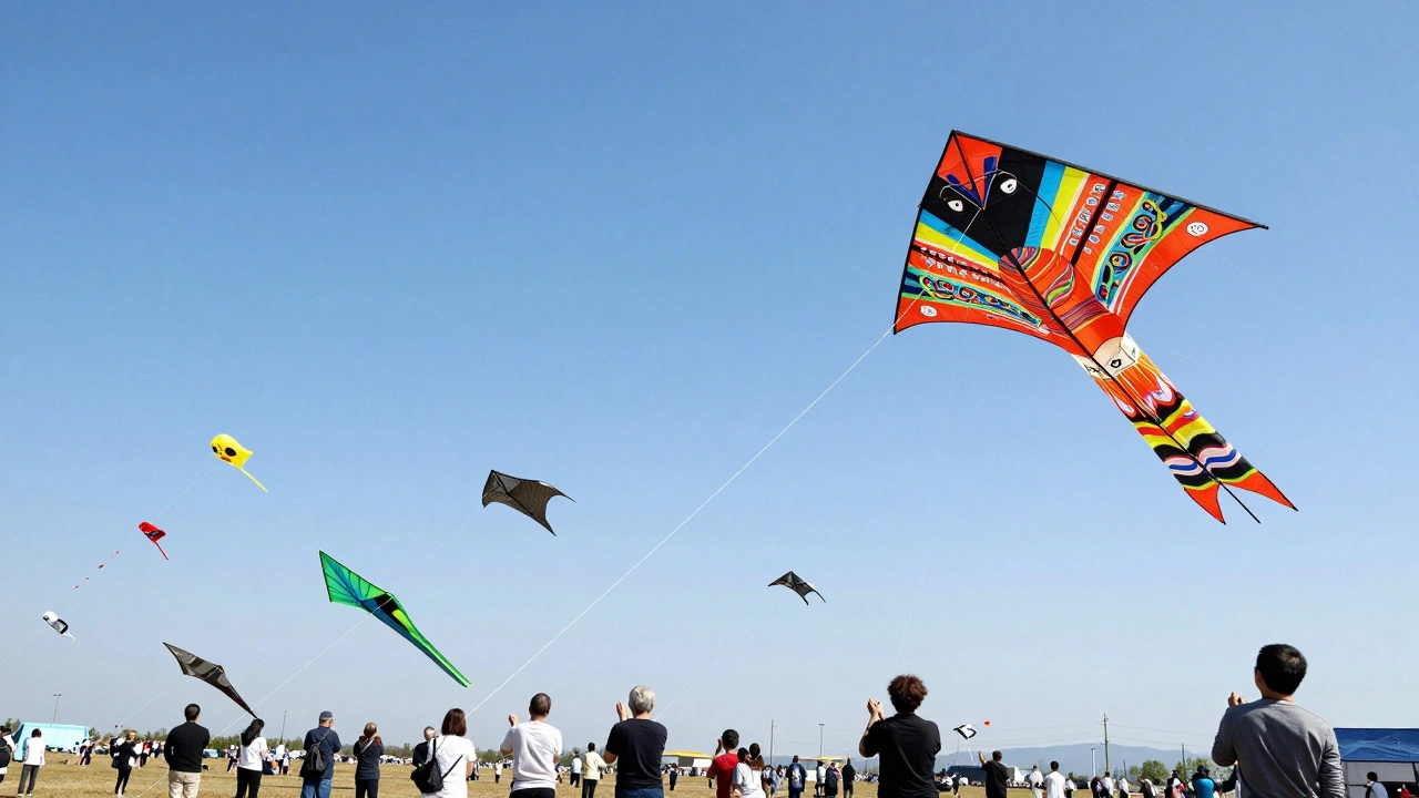 A variety of traditional and modern kites flying in a bright blue sky at a festival.