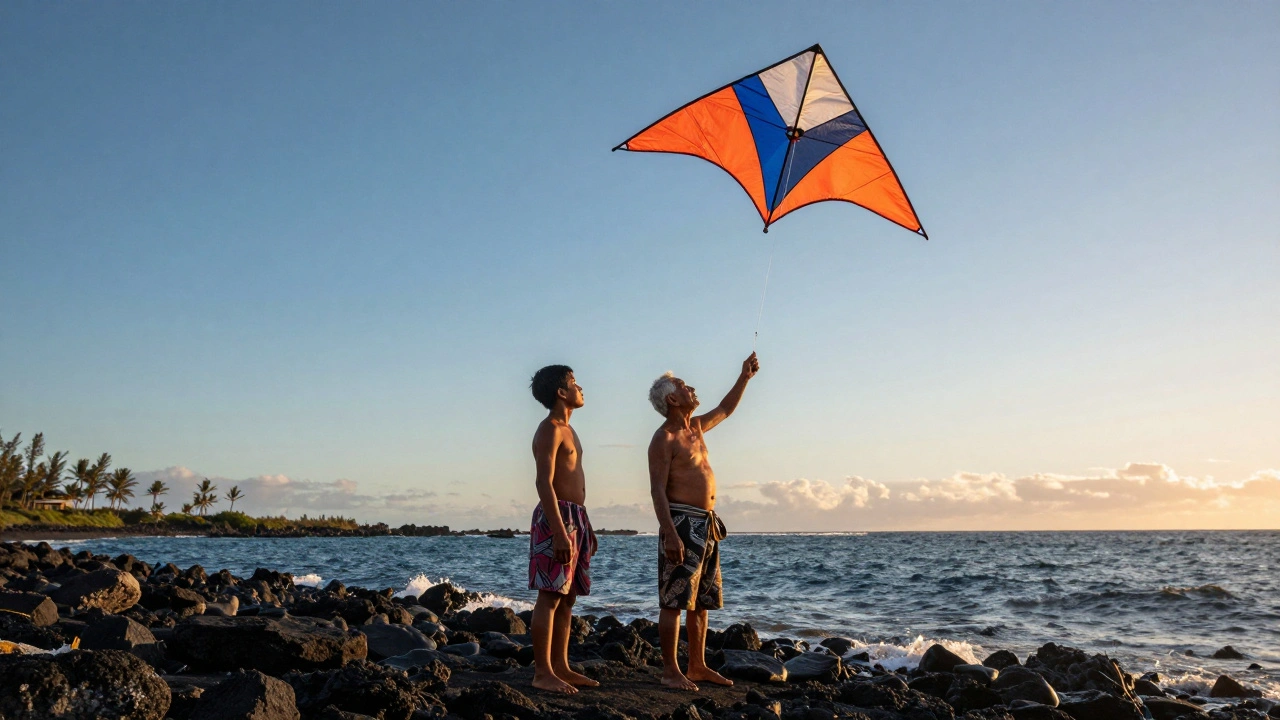 A young man and an elder launching a modern hybrid fishing kite on a tropical coast.