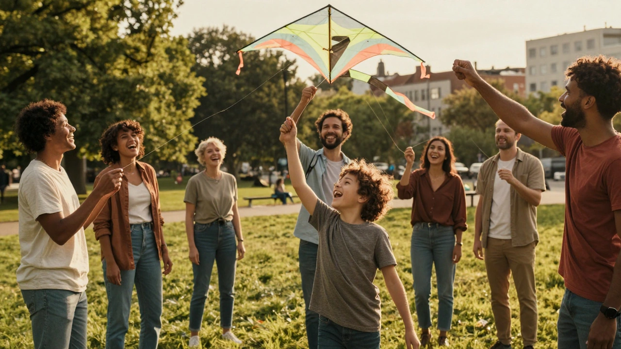 An adult and child laughing while launching a parafoil kite in a sunny park