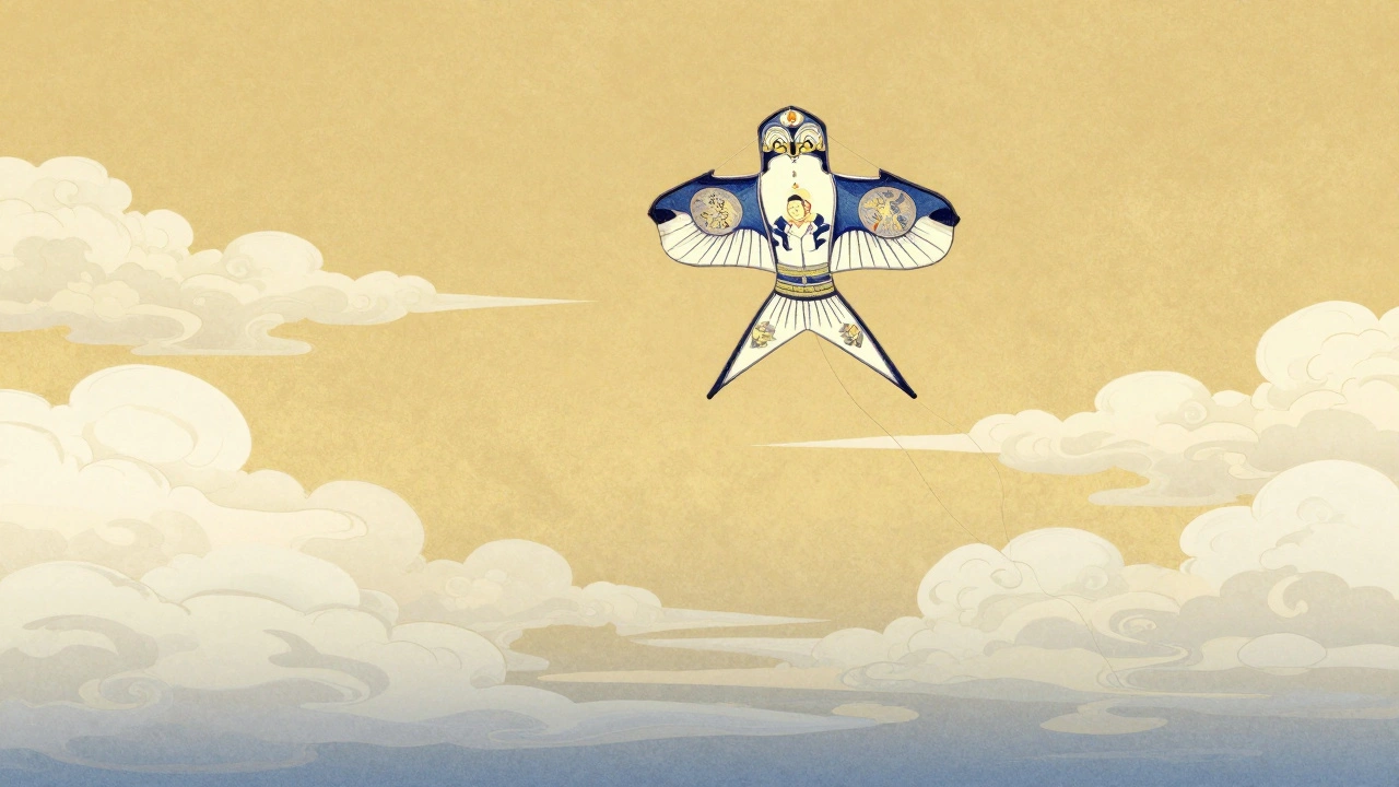 An artistic depiction of a prayer kite ascending toward a golden sky.