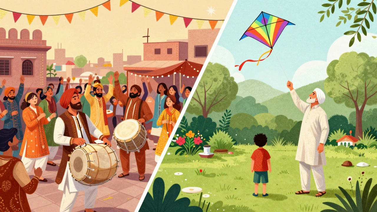 An illustration showing the evolution of Basant from public rooftops to private gardens