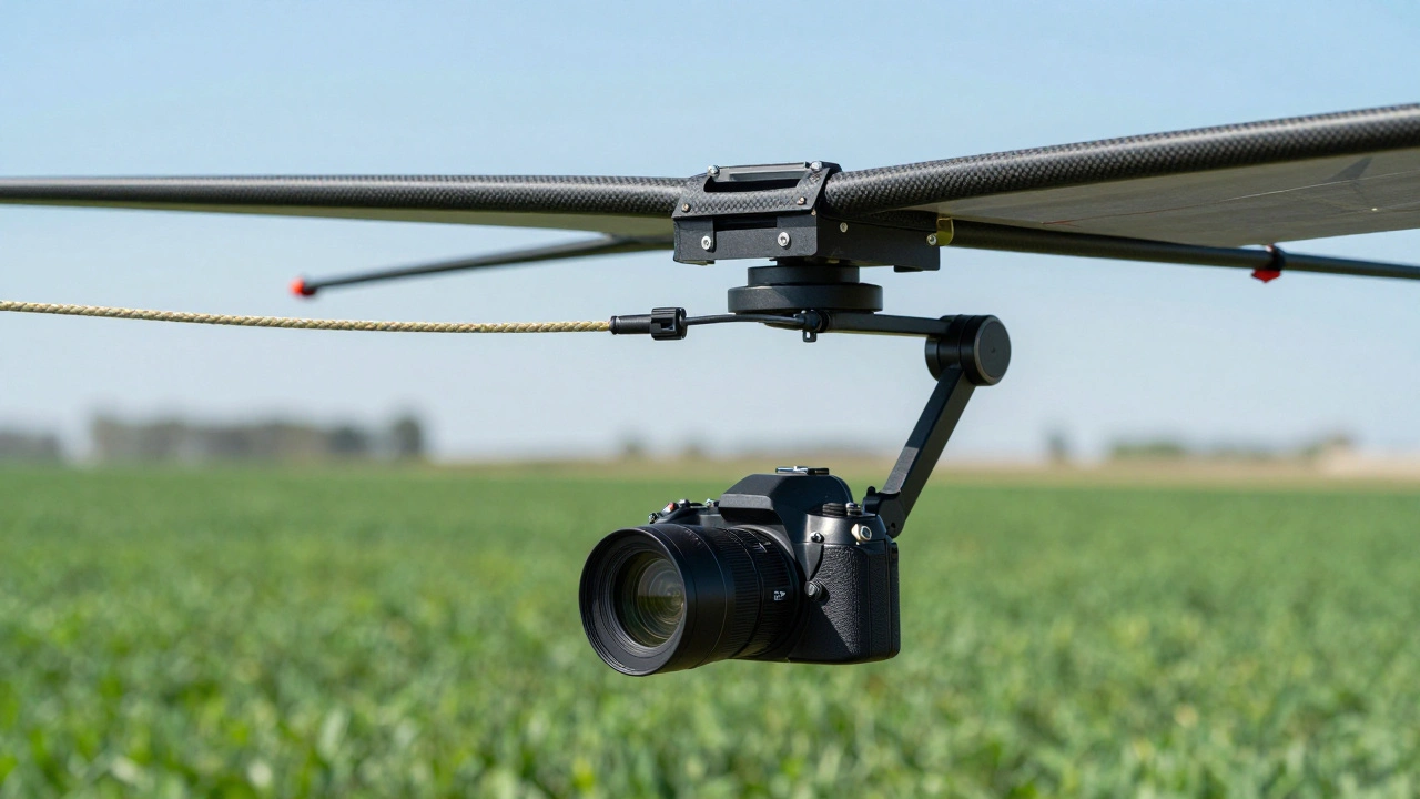 Close-up of a camera gimbal and sensors attached to a professional kite over a farm field.