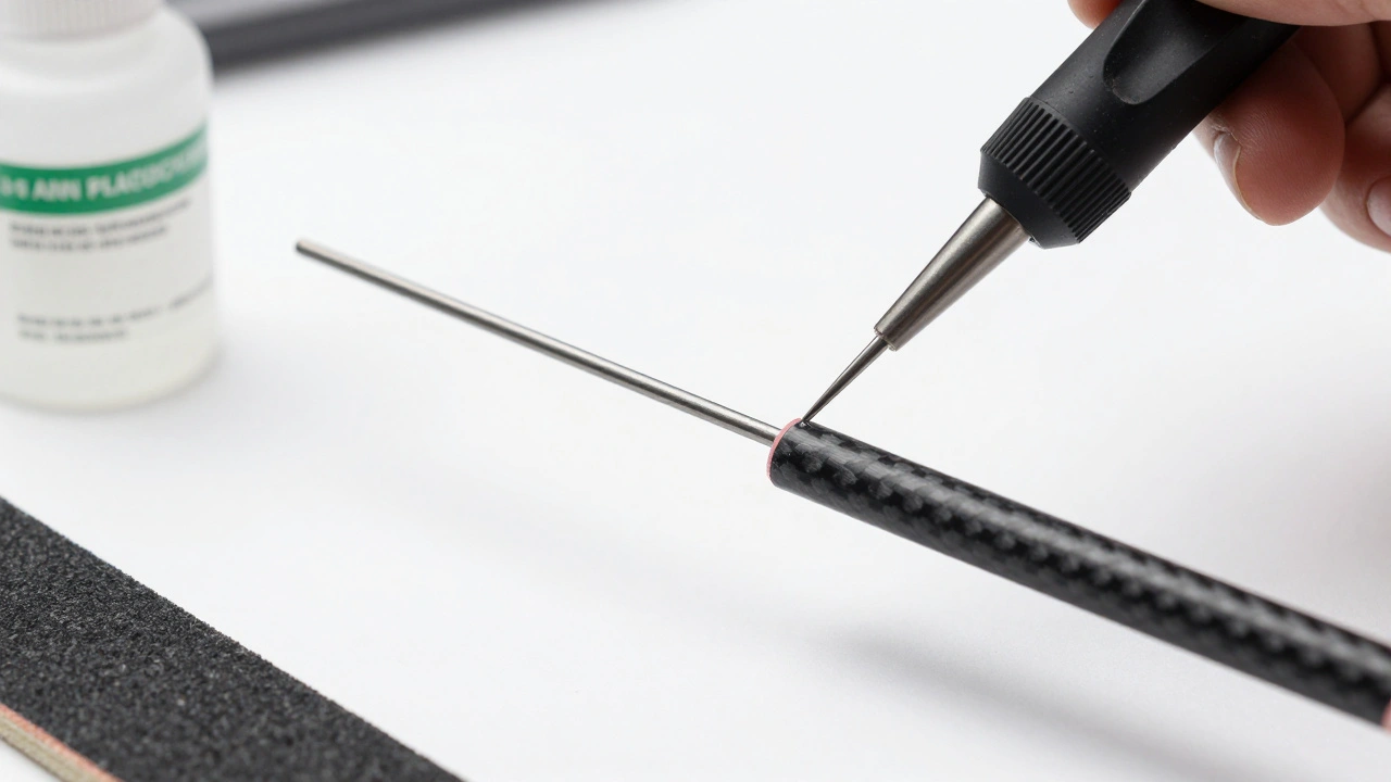 Close-up of a carbon fiber internal splint being glued into a broken kite rod on a workbench.