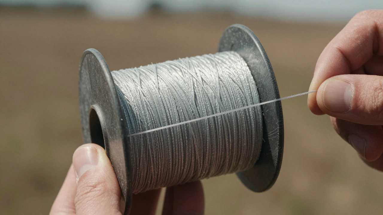 Close-up of a hand using glass-coated Gelasan string with protective finger tape.