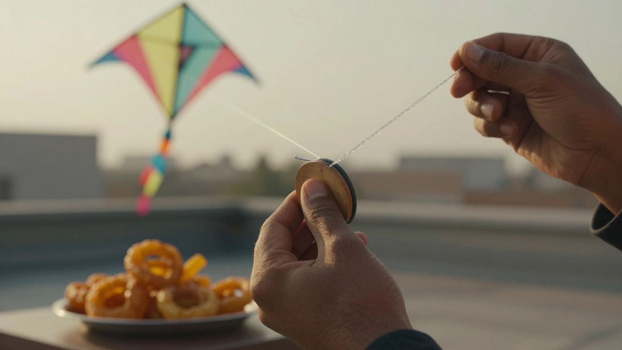 Close-up of a kite flyer's hands with a glass-coated string and traditional snacks