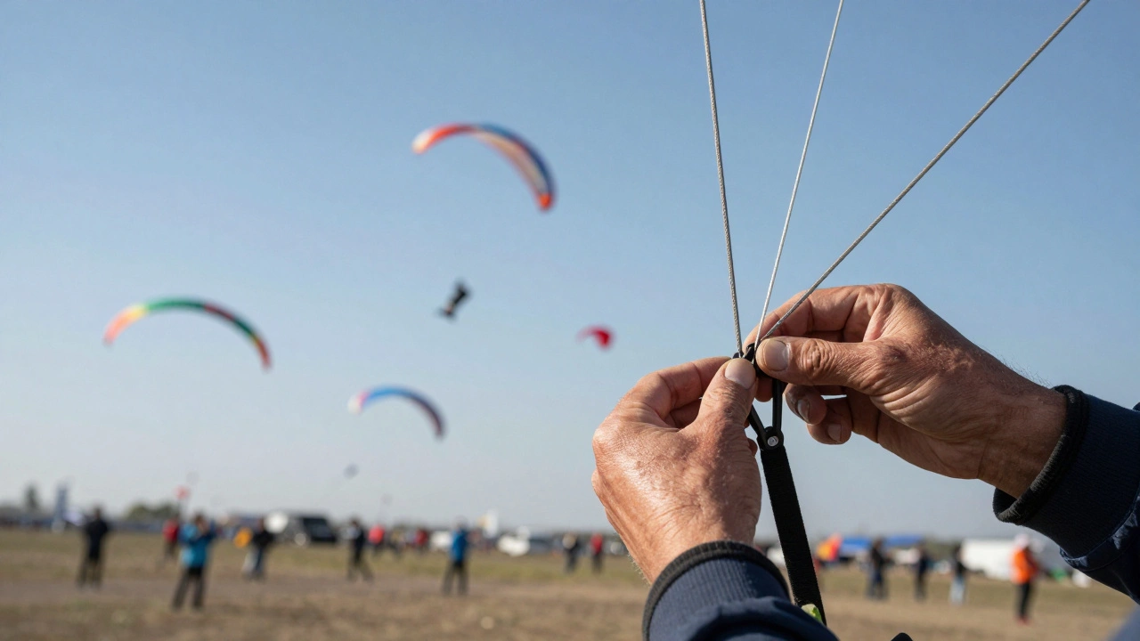 Close-up of a kite flyer adjusting the bridle system at a crowded international kite festival.
