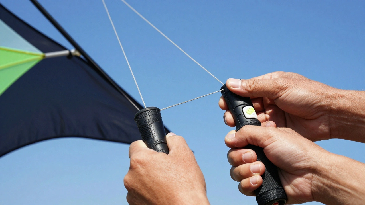Close-up of a mentor and student's hands holding kite handles with tense lines