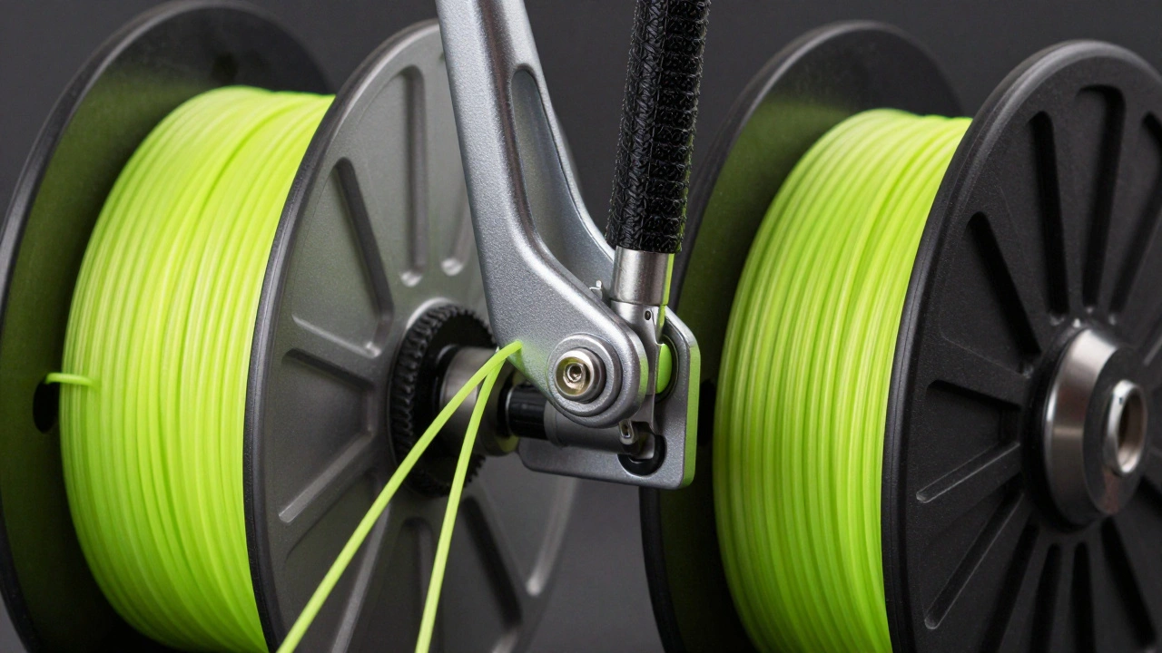 Close-up of a professional dual-line stunt kite winder with locking mechanisms and Dyneema line