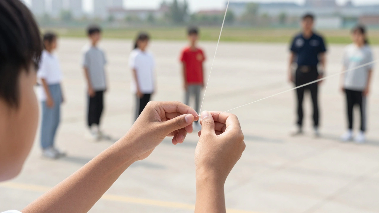 Close-up of a student carefully releasing a nylon Delta kite string in a supervised field.