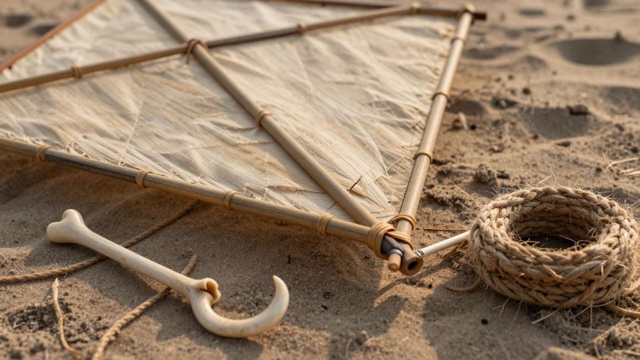 Close-up of a traditional bamboo and bark cloth kite with a carved bone hook on the sand.