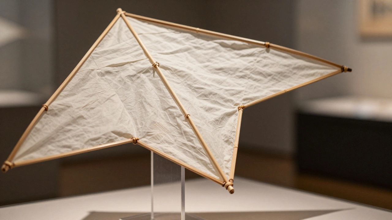 Close-up of a traditional Japanese Saka kite held by a clear acrylic support.