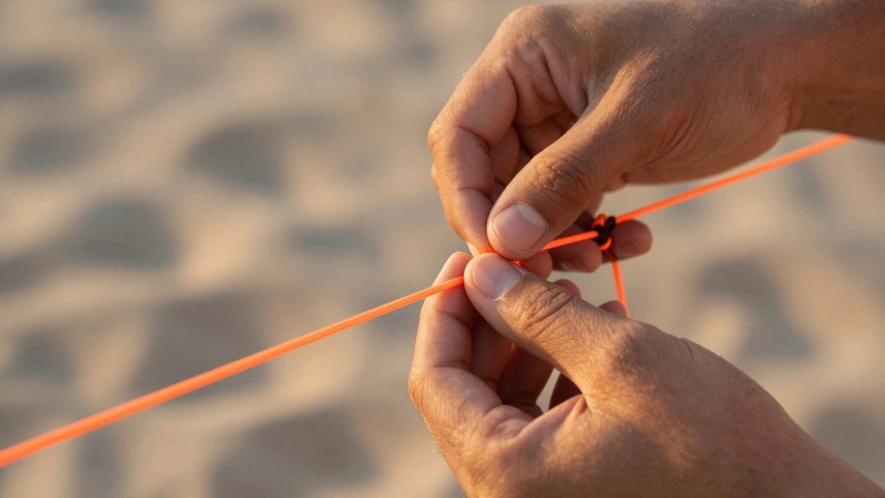 Close-up of hands inspecting a neon orange kite line for wear and tear