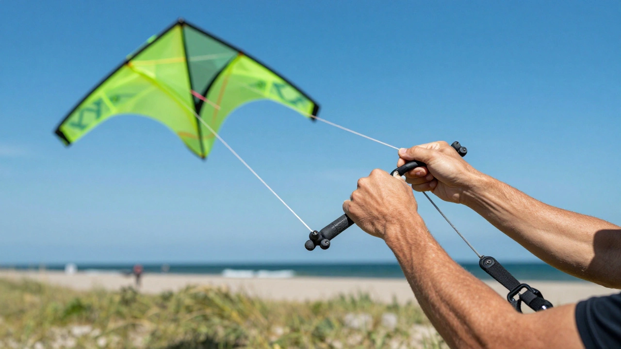 Close-up of hands steering a stunt kite during a mindful outdoor workout
