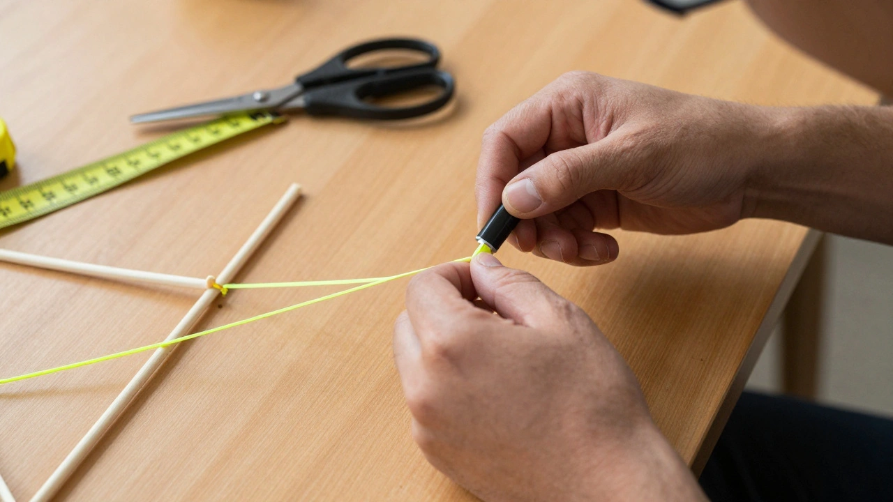 Close-up of hands using a lighter to seal the end of a yellow kite line on a wooden table