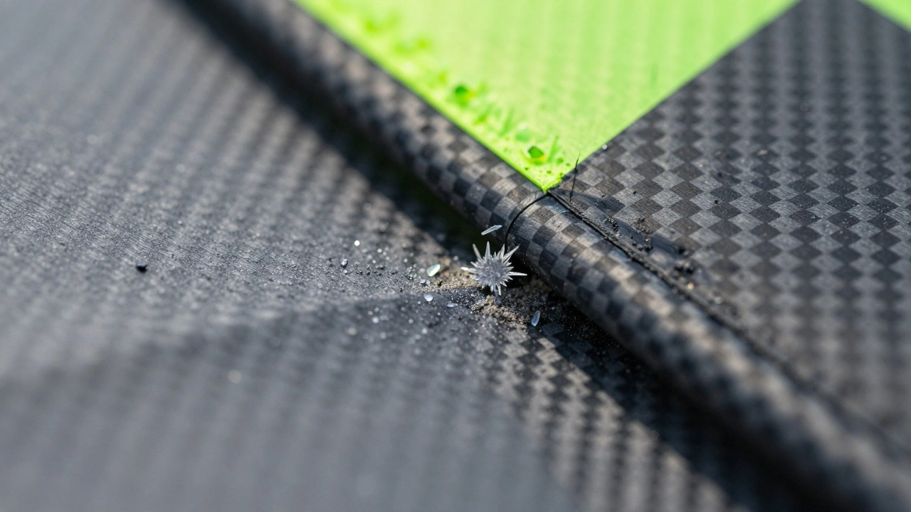 Close-up of sand particles embedded in the fabric and carbon frame of a kite.