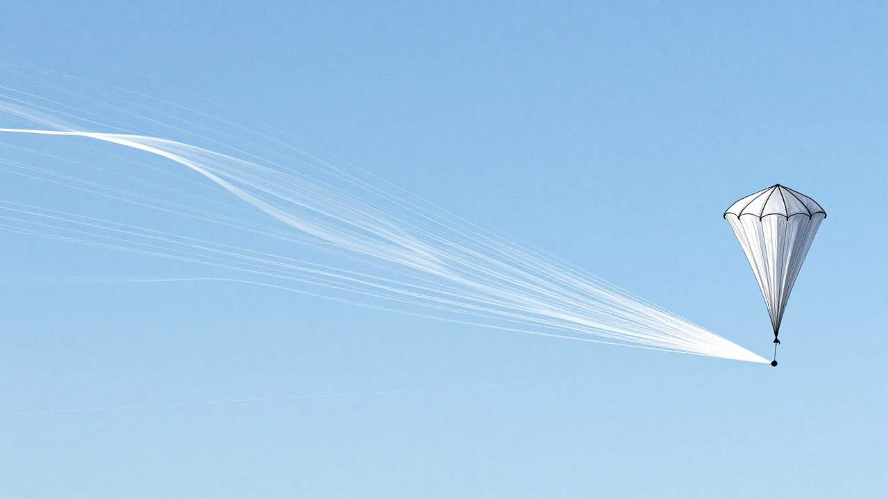 Comparison illustration of a long kite tail and a parachute-like drogue showing airflow.