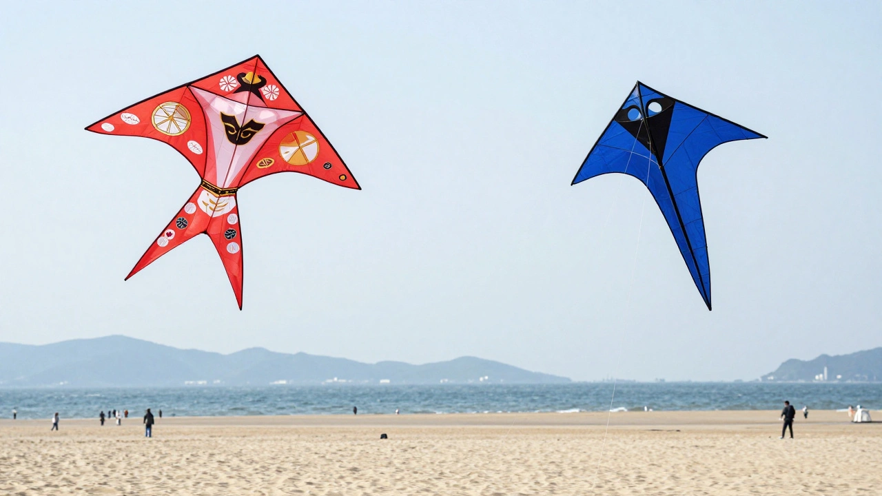 Comparison of a traditional Japanese kite in Shizuoka and a modern stunt kite in the Netherlands.