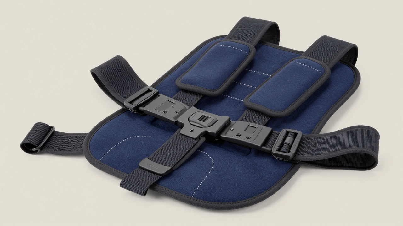 Detailed view of a kiteboarding seat harness with leg straps on sand