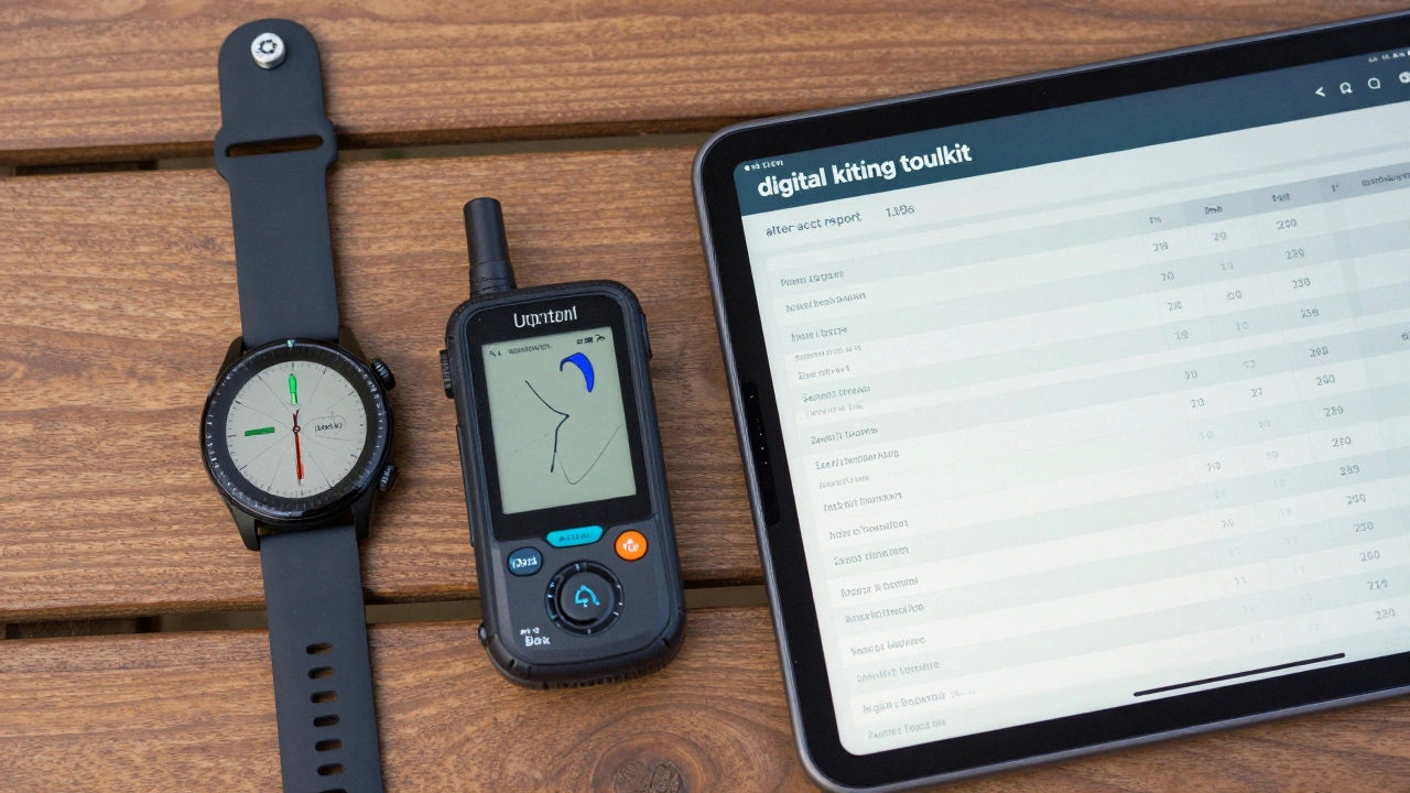 Digital toolkit with a sports watch, anemometer, and wind data log
