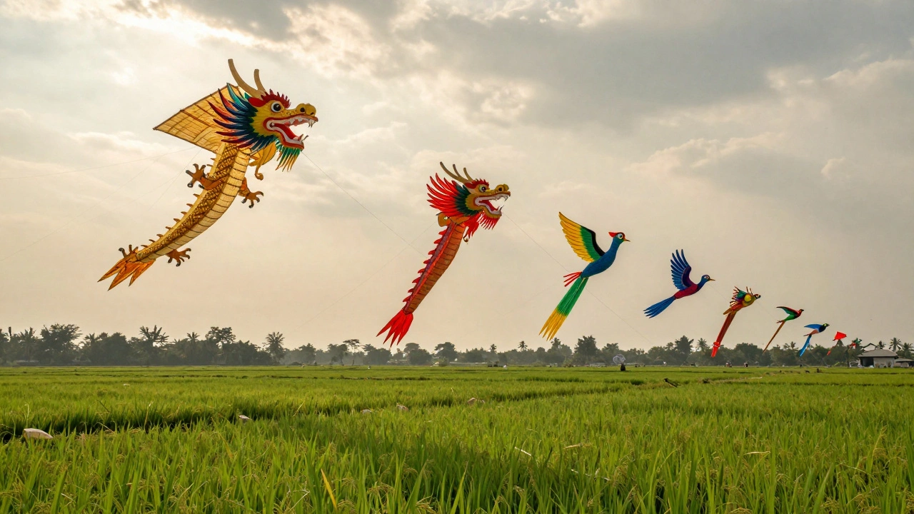Giant dragon and bird-shaped kites flying over green rice fields in Northeast Thailand