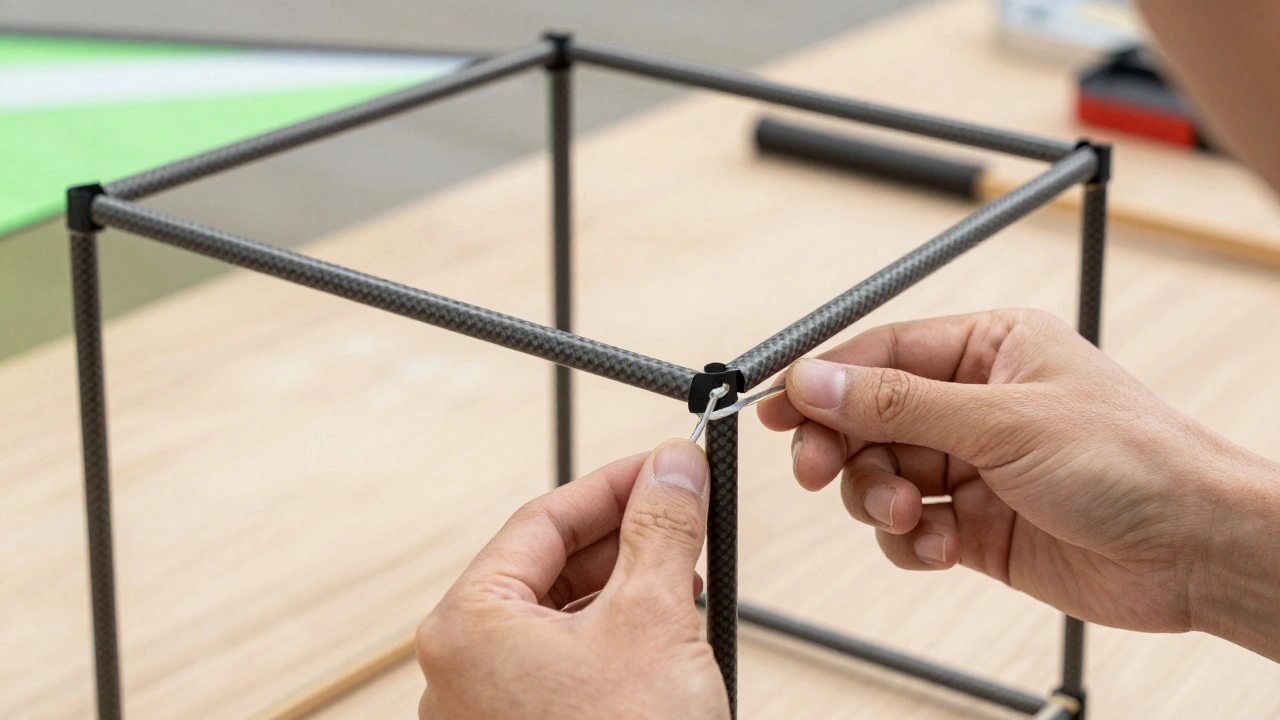 Hands assembling a cubic kite frame using carbon fiber rods and zip ties