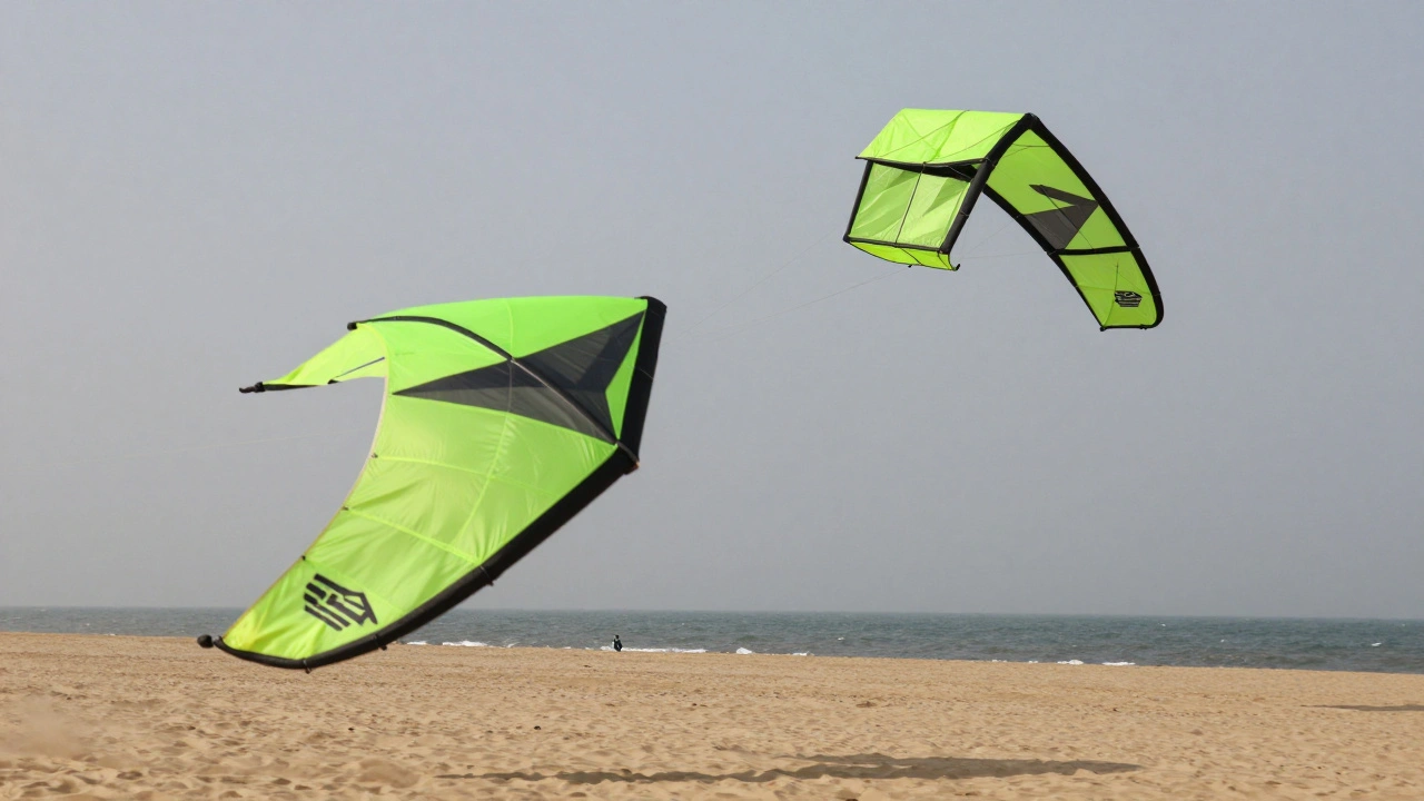 High-performance stunt kites and stable cell kites flying in a blue coastal sky.