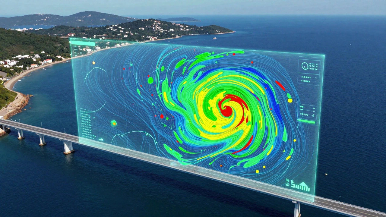 Holographic wind forecast overlay on a coastal landscape