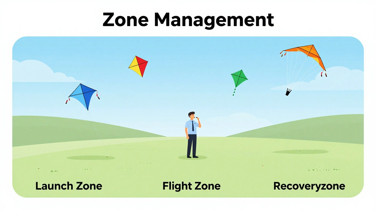 Illustration of a school field divided into launch, flight, and recovery zones with kites in the air.