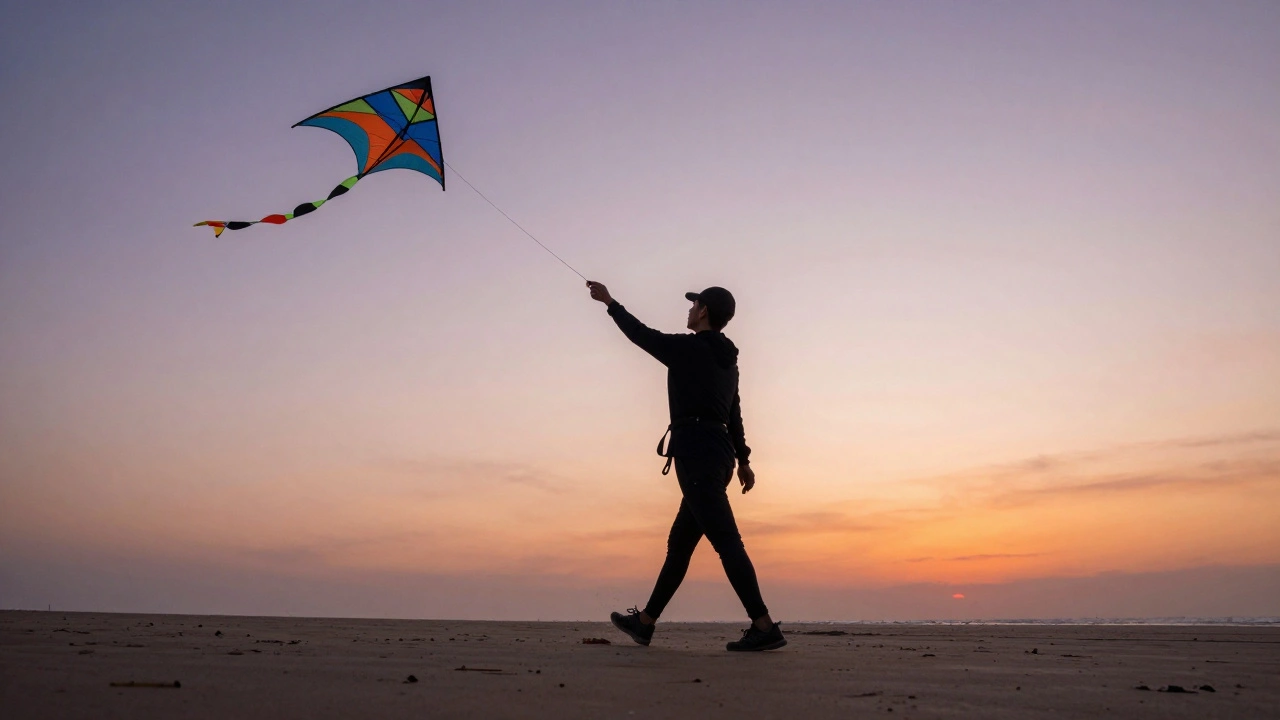 Kite flyer walking on a beach at sunset while smoothly winding in a kite line