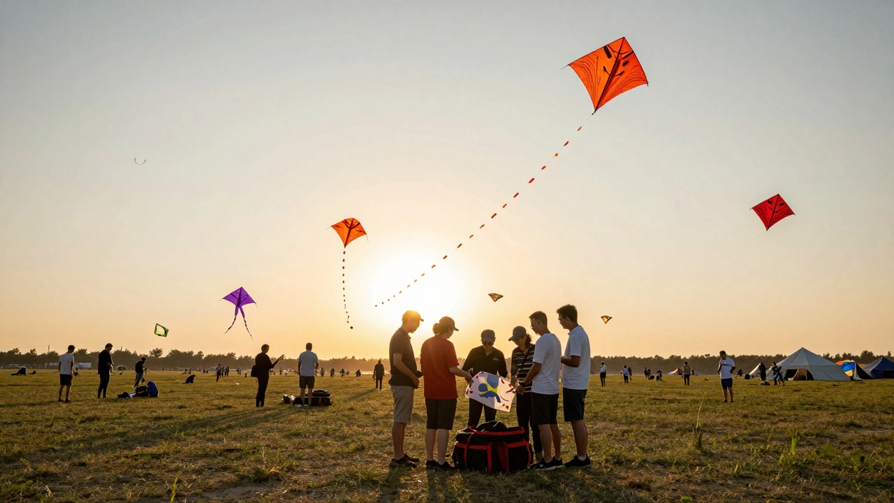 Kite flyers gathered at a festival with colorful kites filling the sunset sky