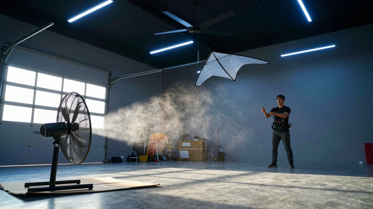 Kite flying near box fan airflow in spacious indoor garage area.