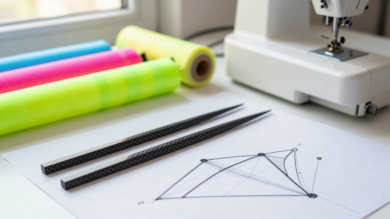 Kite making materials including carbon fiber spars and ripstop nylon on a workbench