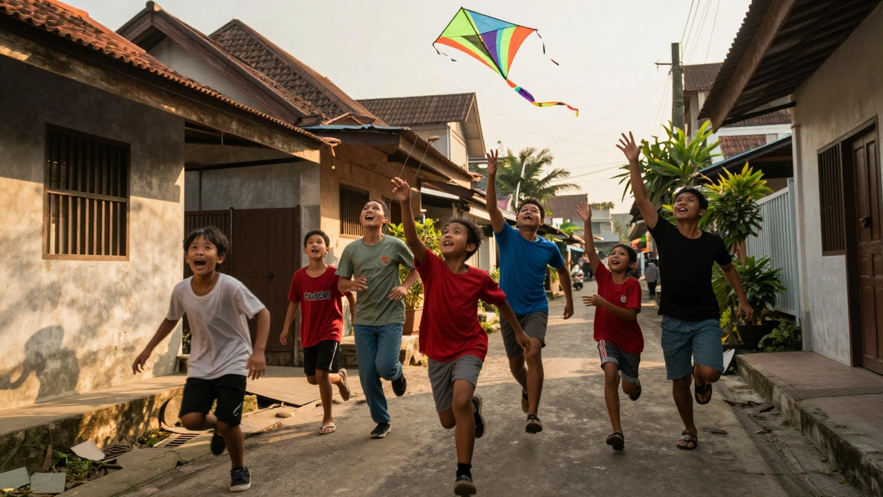 People excitedly running through a sunny Indonesian alley to catch a drifting kite.