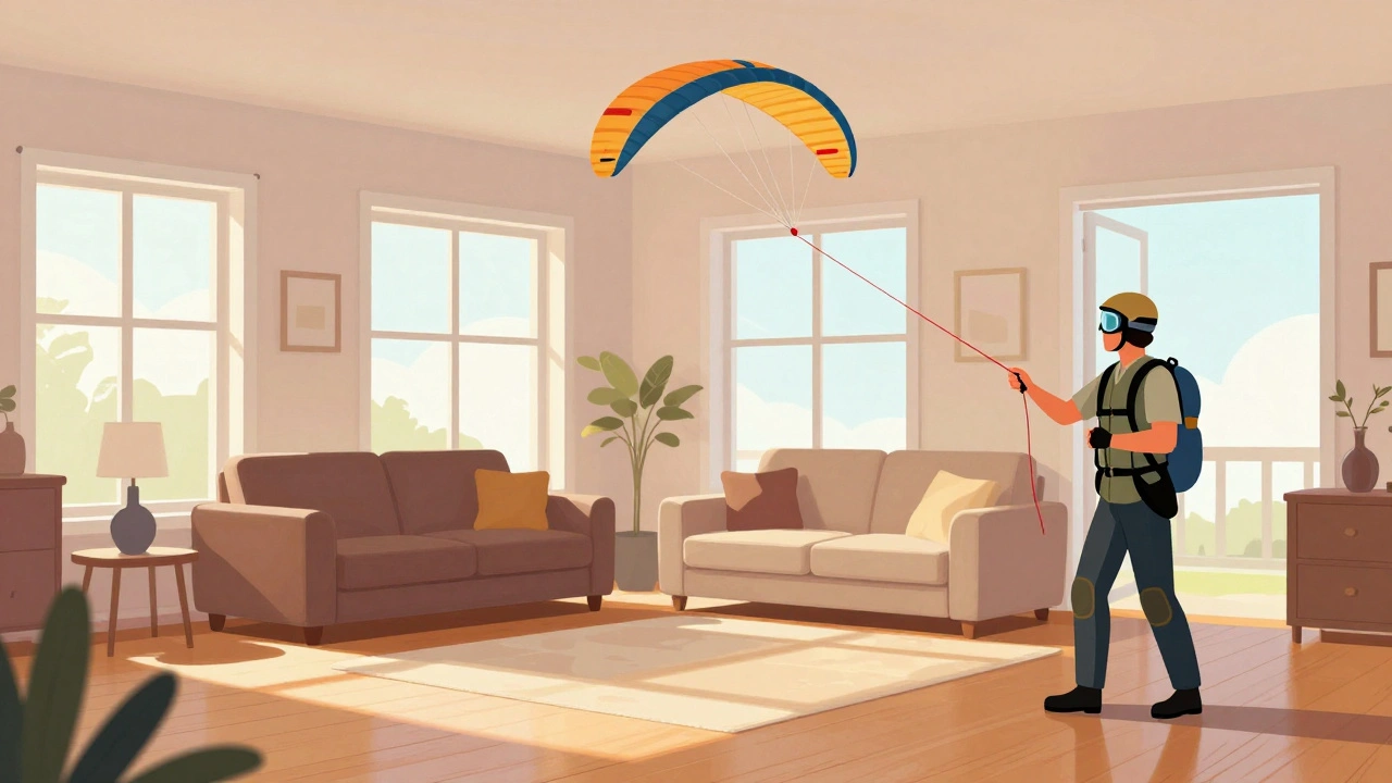 Pilot wearing safety goggles flying small kite in cleared living room.