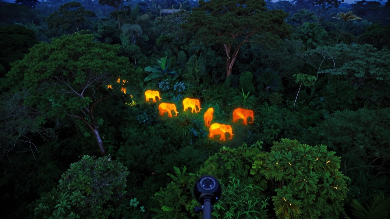Thermal imaging view from a kite showing orange heat signatures of elephants in a green jungle.