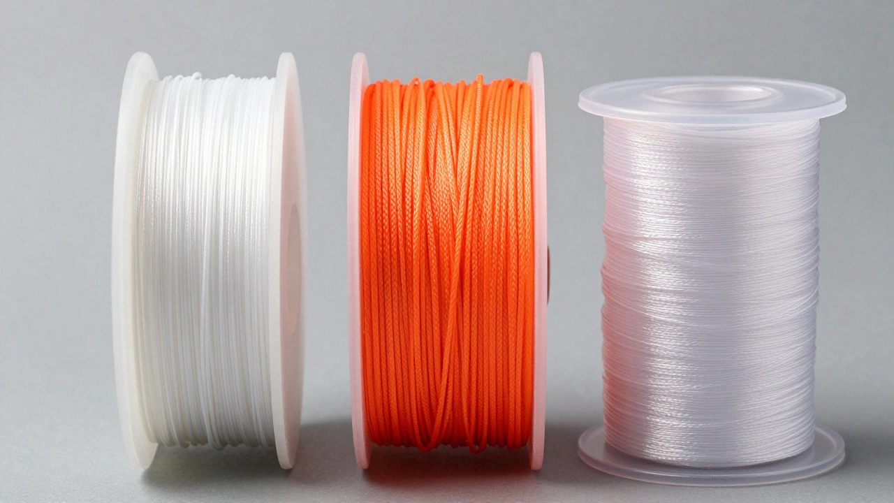 Three spools of different kite line materials: thin white Dyneema, neon orange polyester, and thick nylon