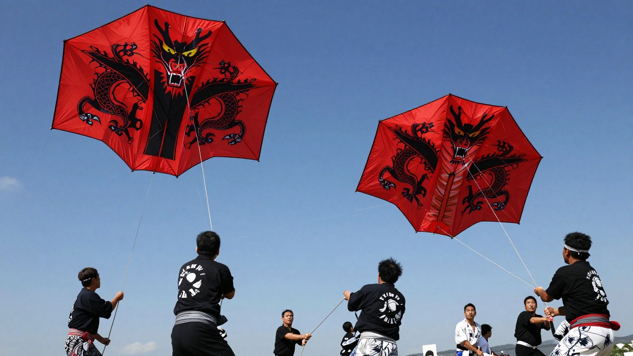 Two giant Rokkaku kites battling in the sky during the Hamamatsu Festival.