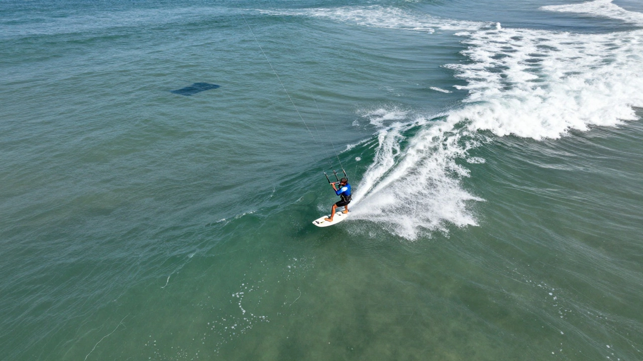 Aerial view of a kiteboarder riding the face of a large, peeling ocean wave.