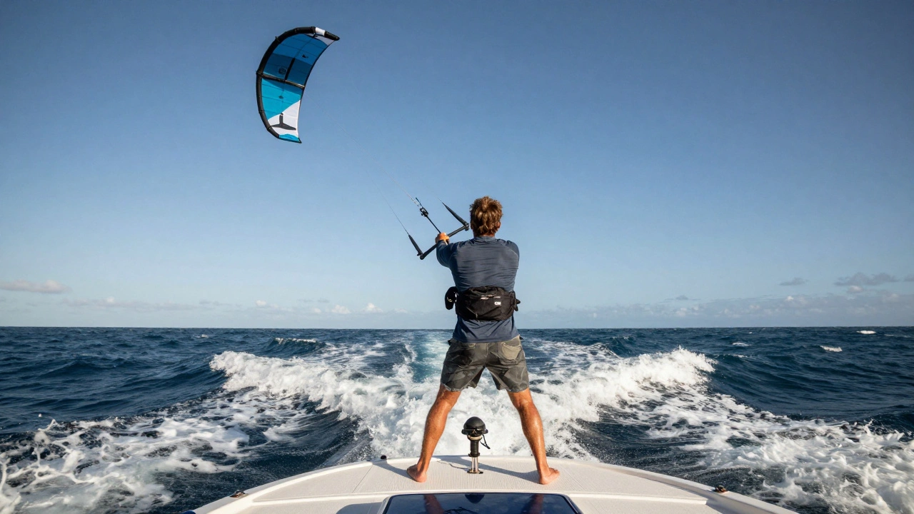 Angler launching a power fishing kite from the back of a moving boat