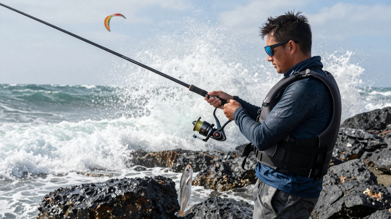 Angler reeling in a fish with a bent rod while kite stays aloft