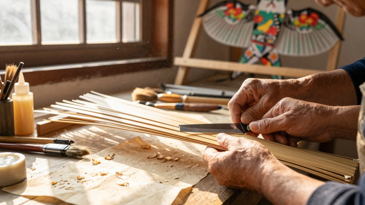 Artisan's hands crafting bamboo frames for traditional Chinese kites