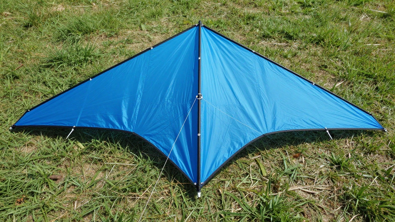 Assembled delta wing kite with blue sail and bridle system ready for flight