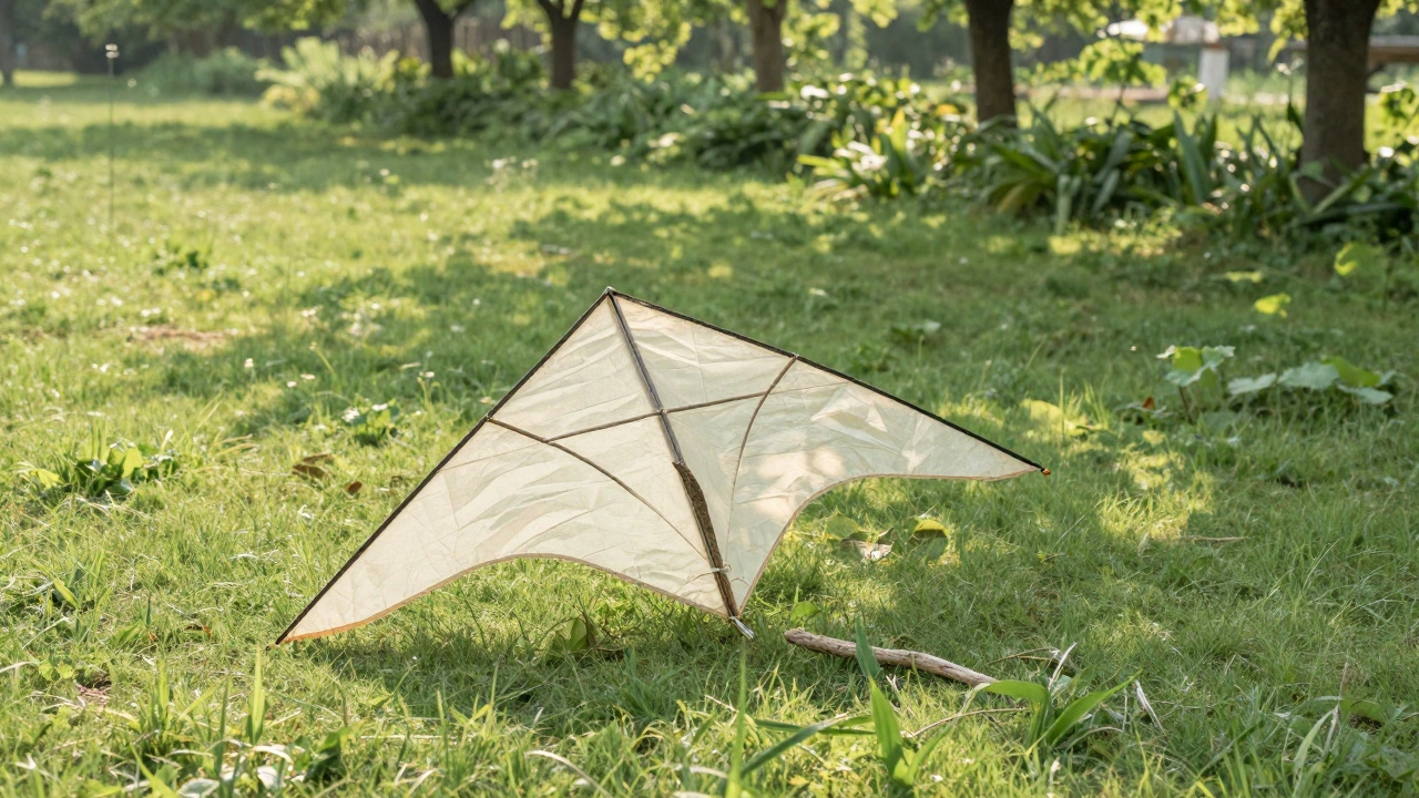 Biodegradable art kite resting on green grass in sunlight