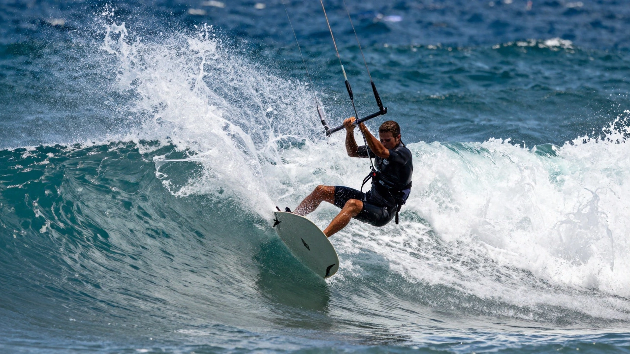 Close-up action shot of a kiteboarder carving a turn on a wave, spraying water.
