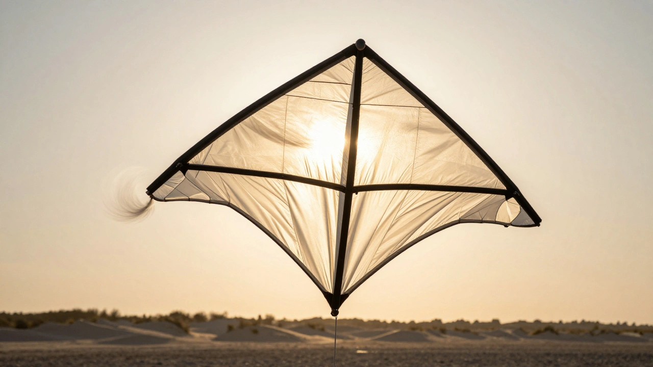 Close-up of a stunt kite in a power stall, nose up, with visible air turbulence.