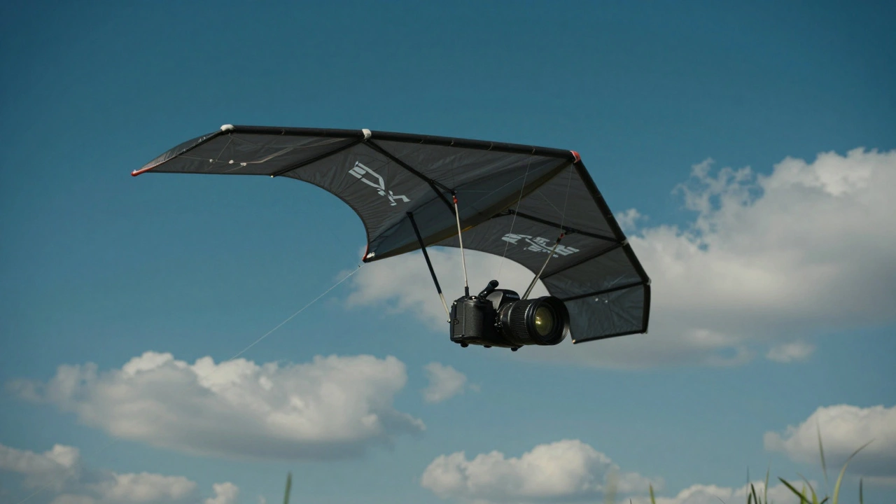Close-up of camera mounted on a bow kite flying high in clear blue sky